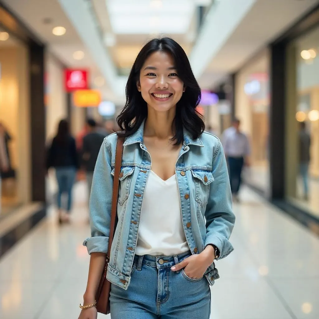 Cheerful Asian Woman in a Photorealistic Mall