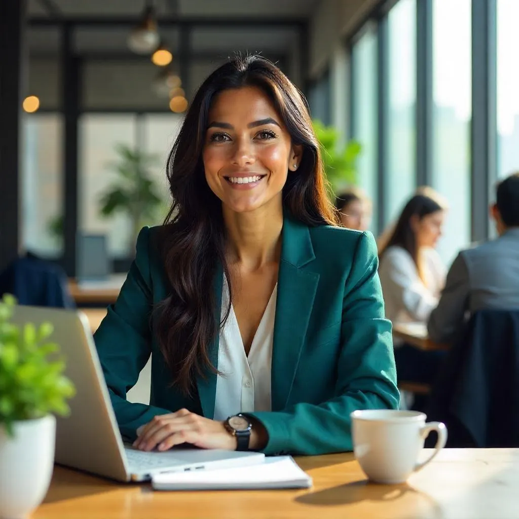 Photorealistic Latina in a Modern Coworking Space