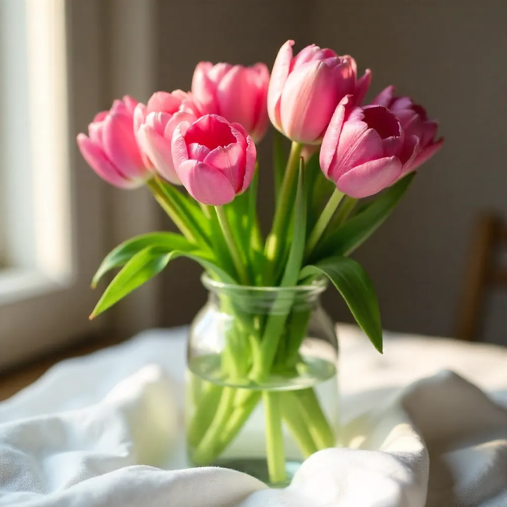 Pink Tulips in Glass Vase on White Fabric
