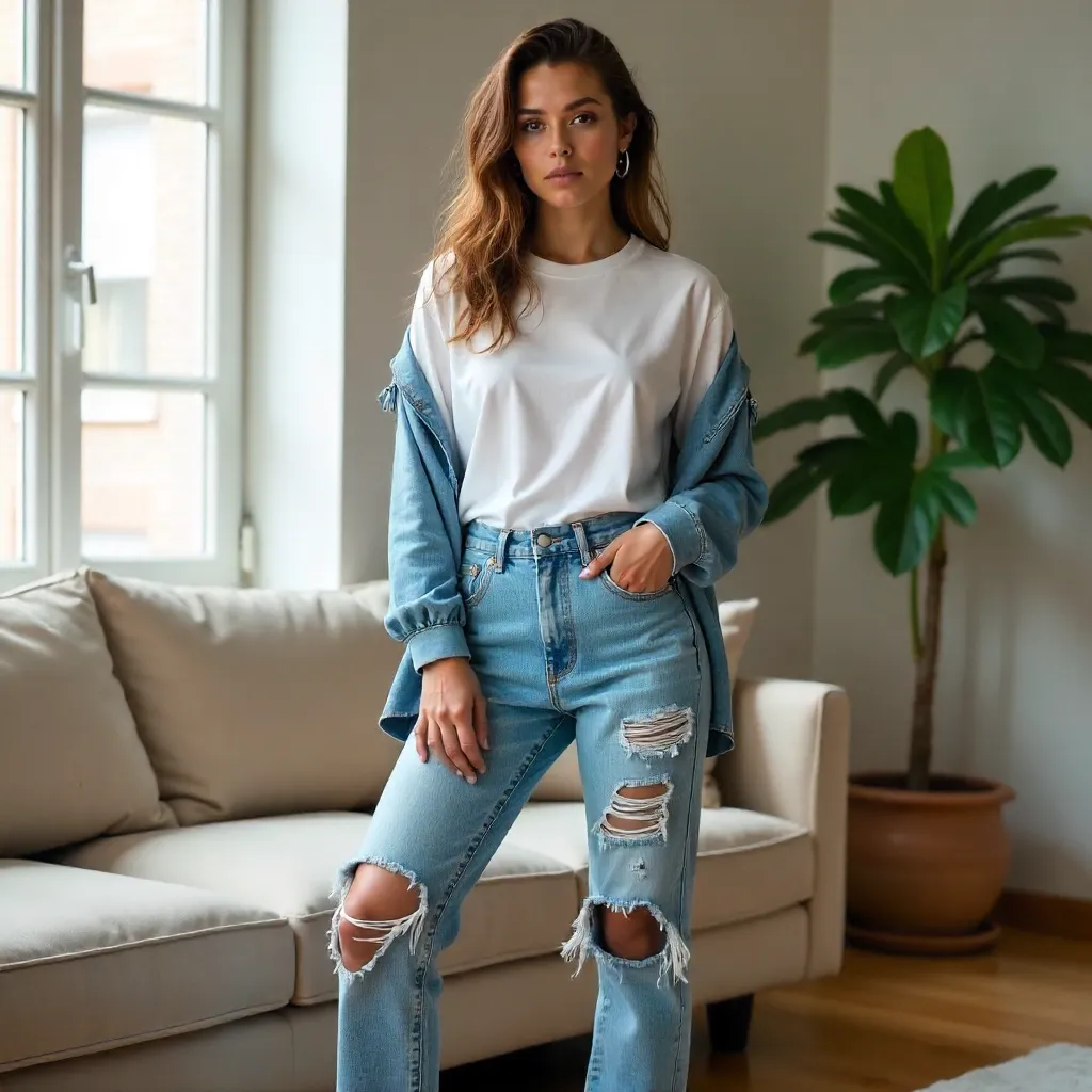 Indoors Fashion Shoot: Distressed Denim & Casual Top
