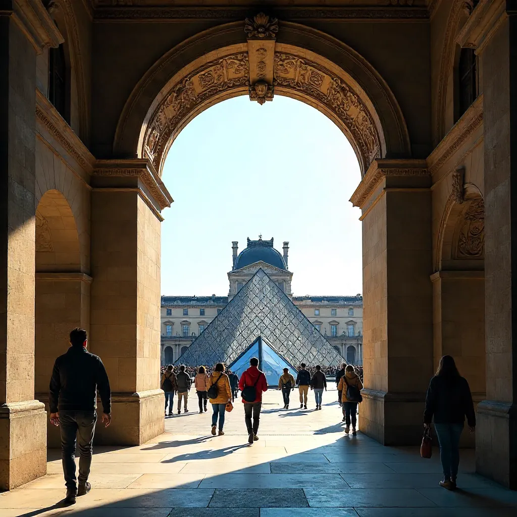 Through the Arch Toward the Louvre Pyramid in Paris