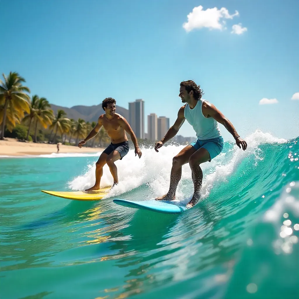 Two Surfers in Honolulu Under Clear Skies