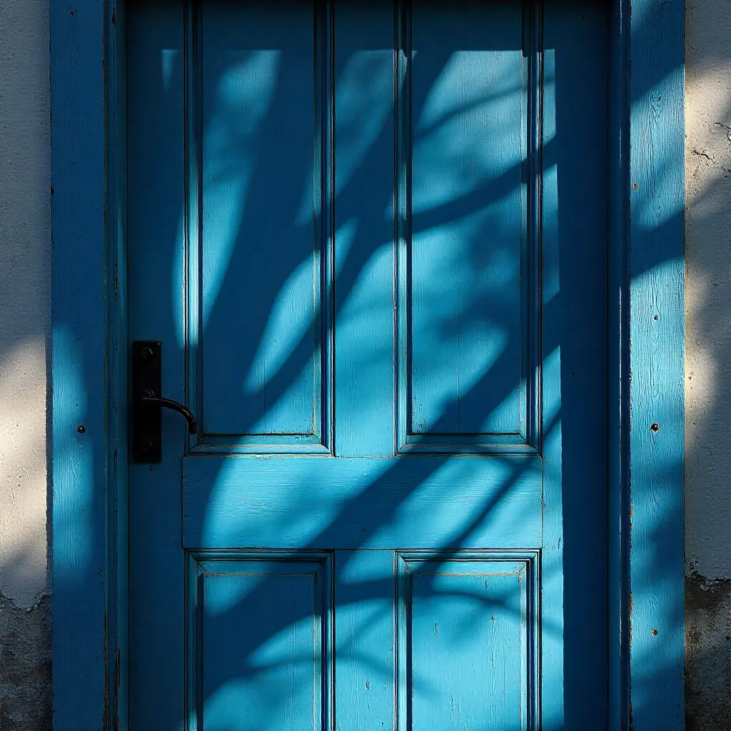 Silhouetted Branch Shadows on a Blue Door