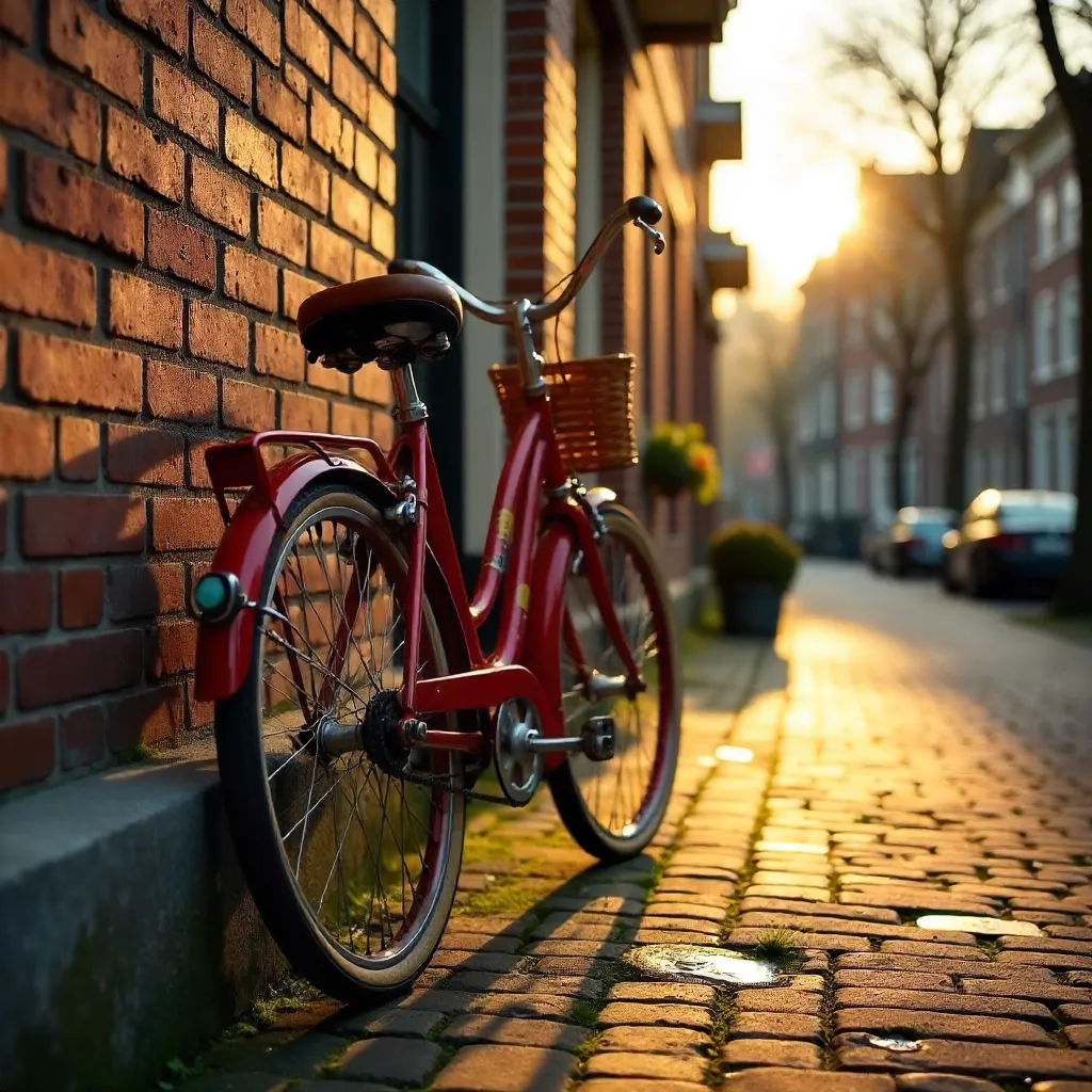Sunlit Omafiets Leaning on Amsterdam Brick Wall