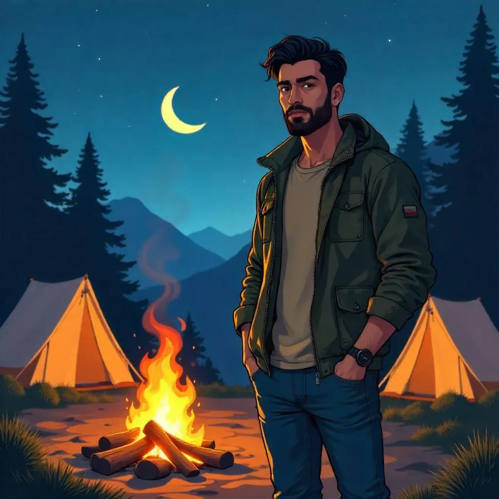 Handsome Middle Eastern Man Camping in Anime Style