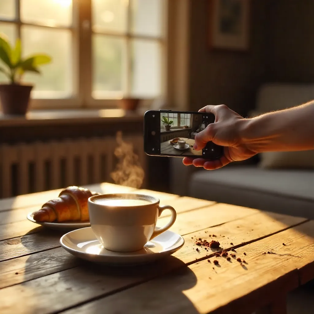 Cozy Morning Scene: Phone Capturing Coffee and Pastries