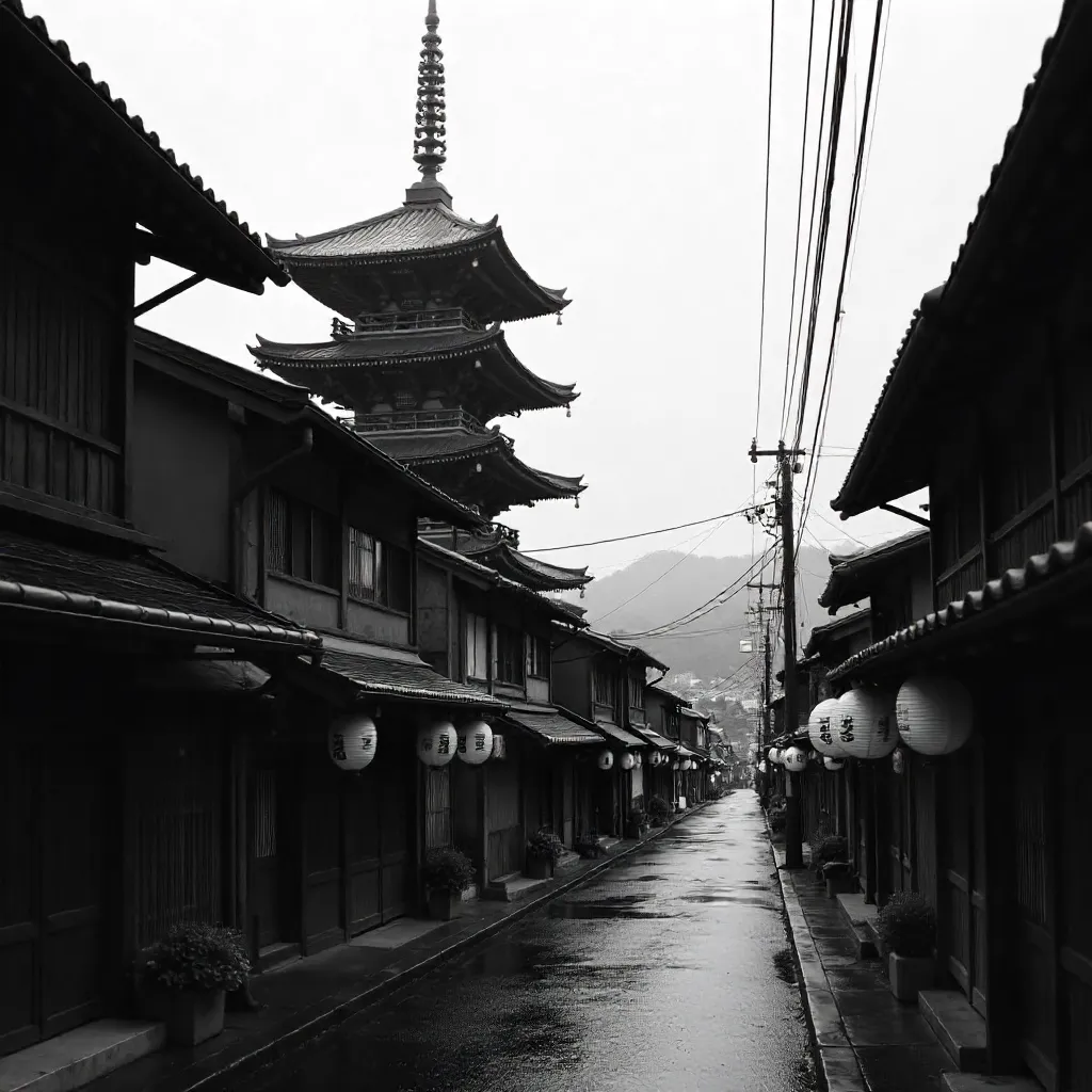 Monochrome Pagoda Street: Timeless Japanese Scene