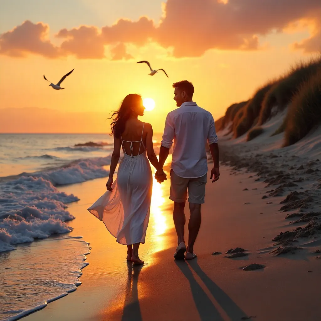 Couple Walking Hand in Hand at Sunset Beach