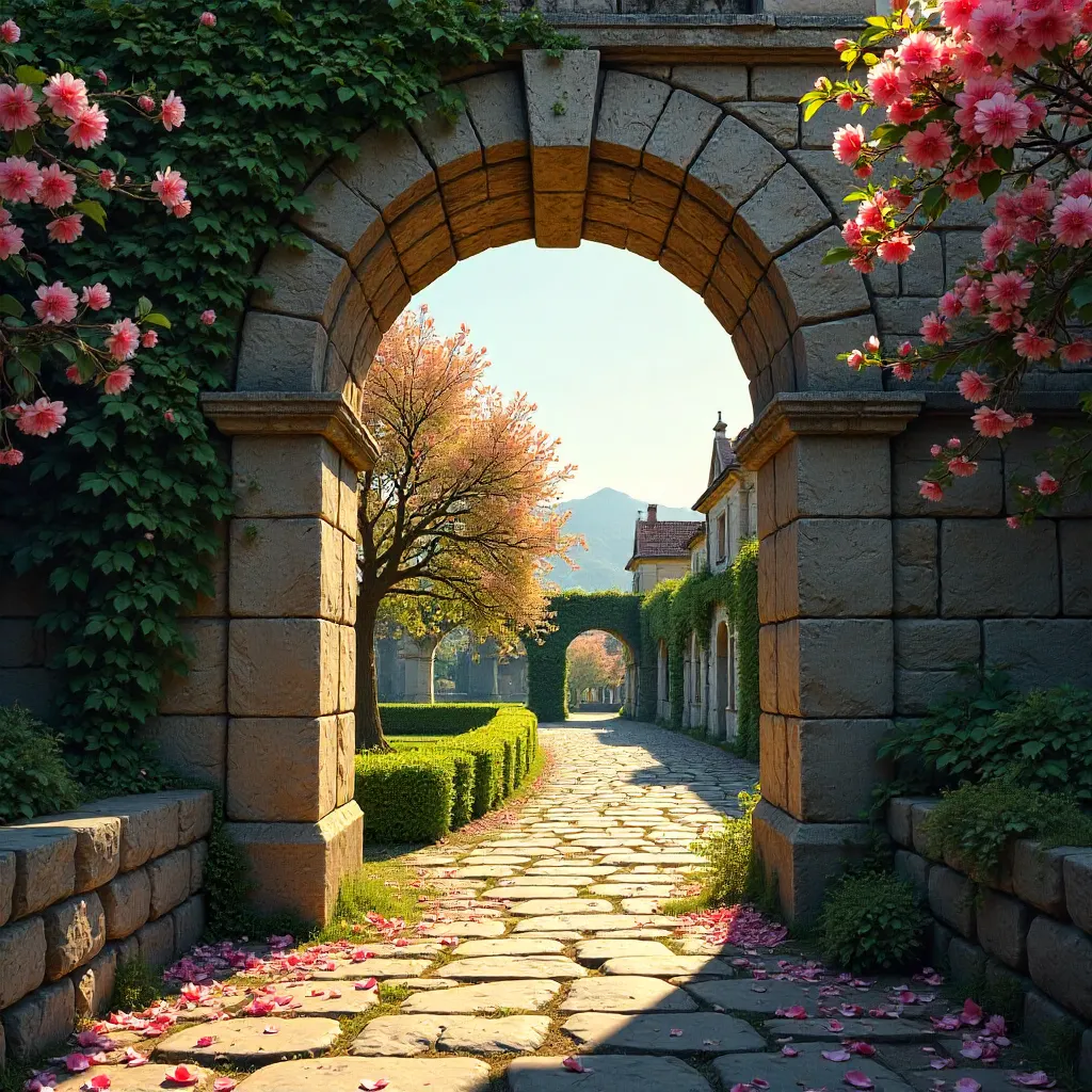 Archway View Through Blooming Trees