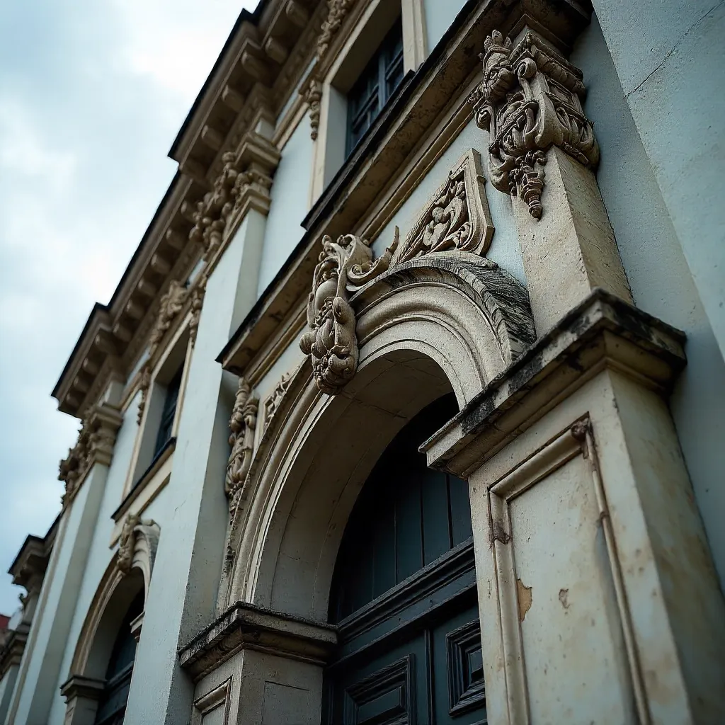 Close-Up: Intricate Lviv Facade Under Clouds