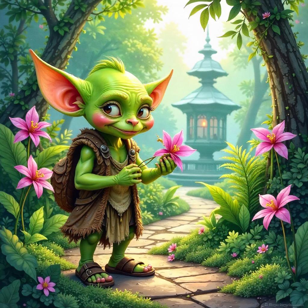 Goblin Among Blooming Botanicals in Watercolor Garden