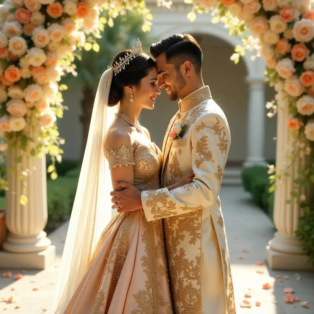 Joyful Couple in Ornate Traditional Wedding Attire Under Daylight