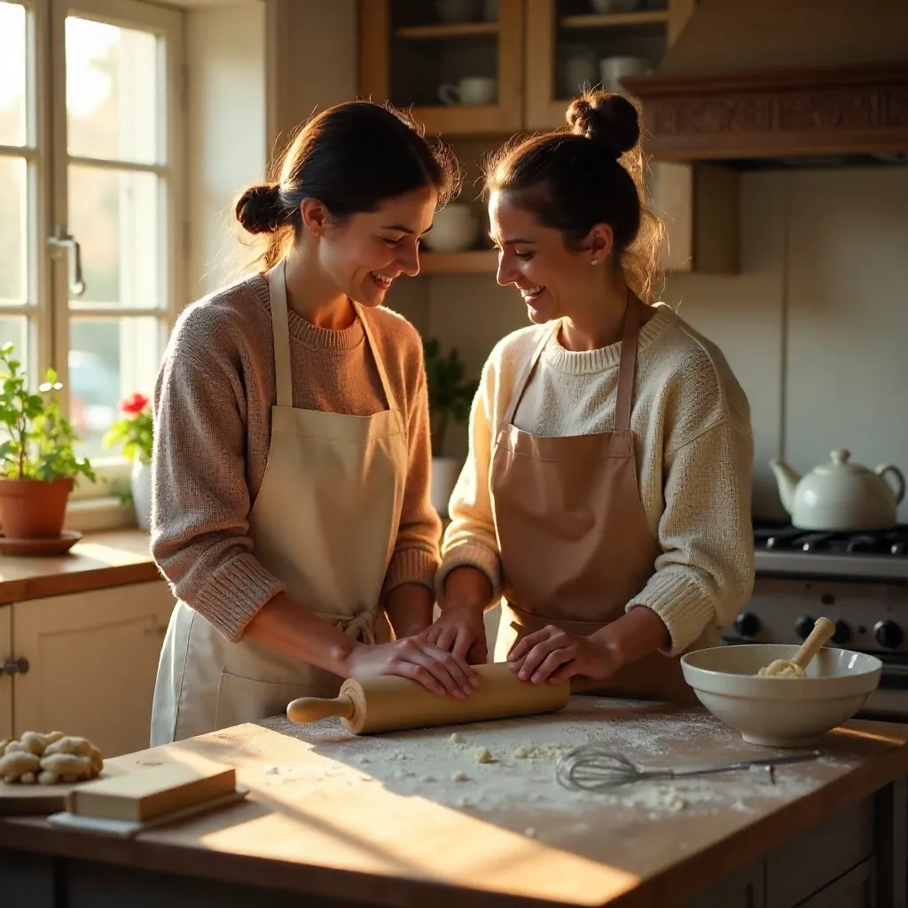 Joyful Baking Moment: Mother and Daughter in a Cozy Kitchen