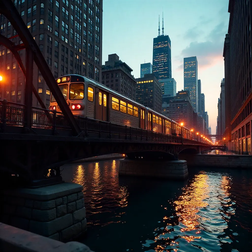 El Crossing Wells Street Bridge at Twilight, Chicago