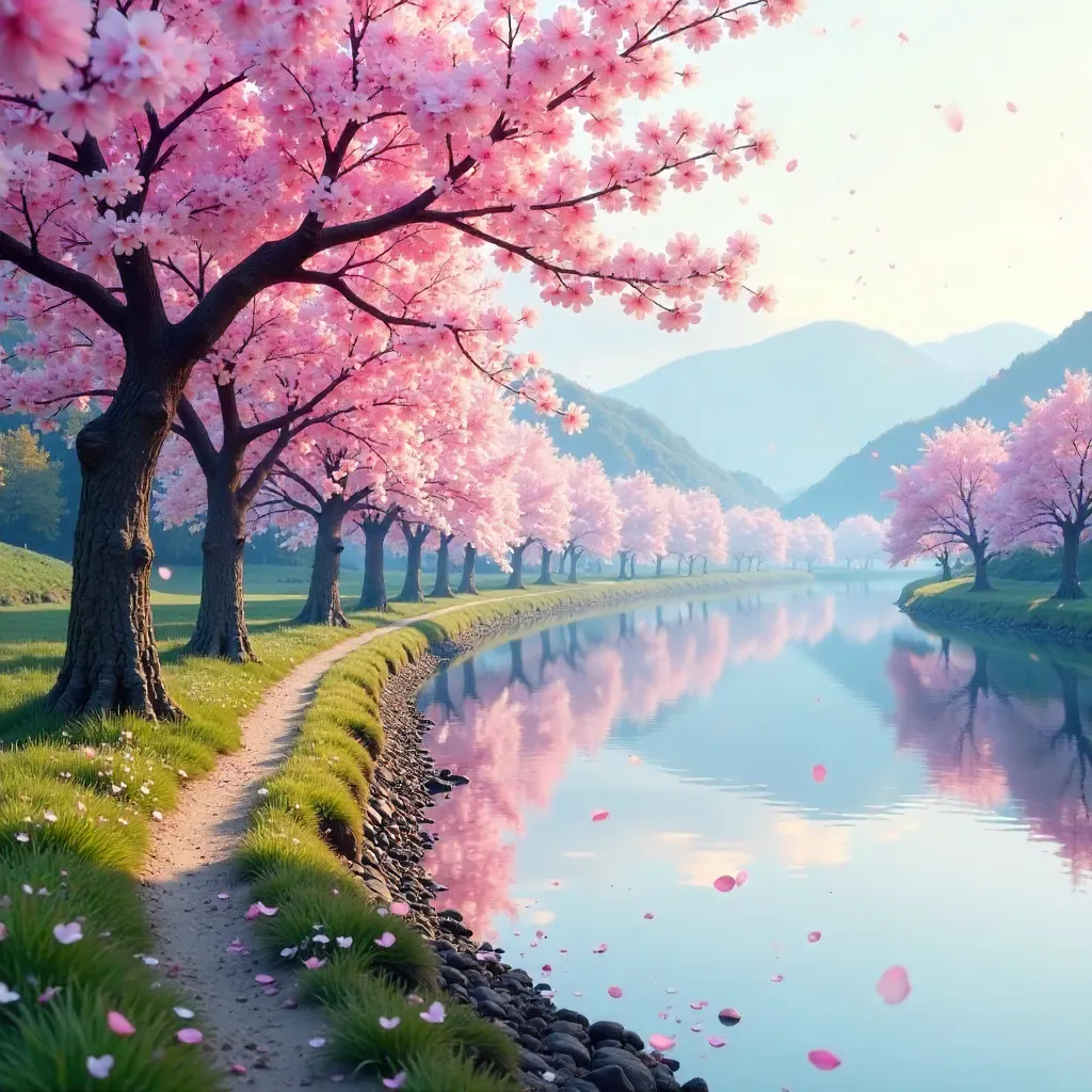 Serene Cherry Blossoms by a Tranquil Spring River
