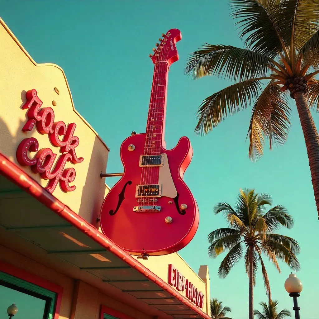 Bright Red Guitar Sign at Rock Cafe Under Tropical Skies