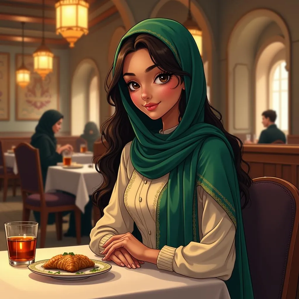 Elegant Middle Eastern Woman in an Anime Restaurant