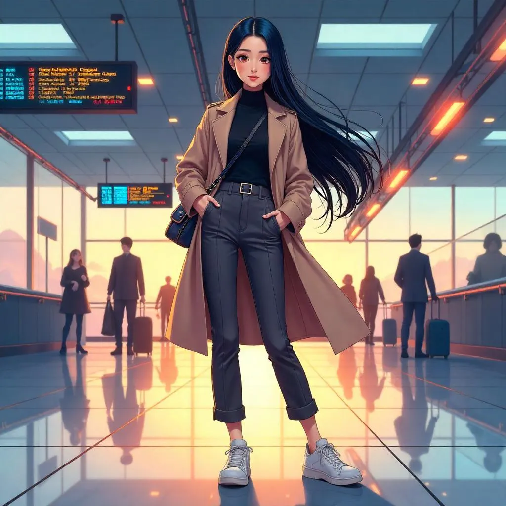 Stylish Asian Girl in an Anime Airport Terminal