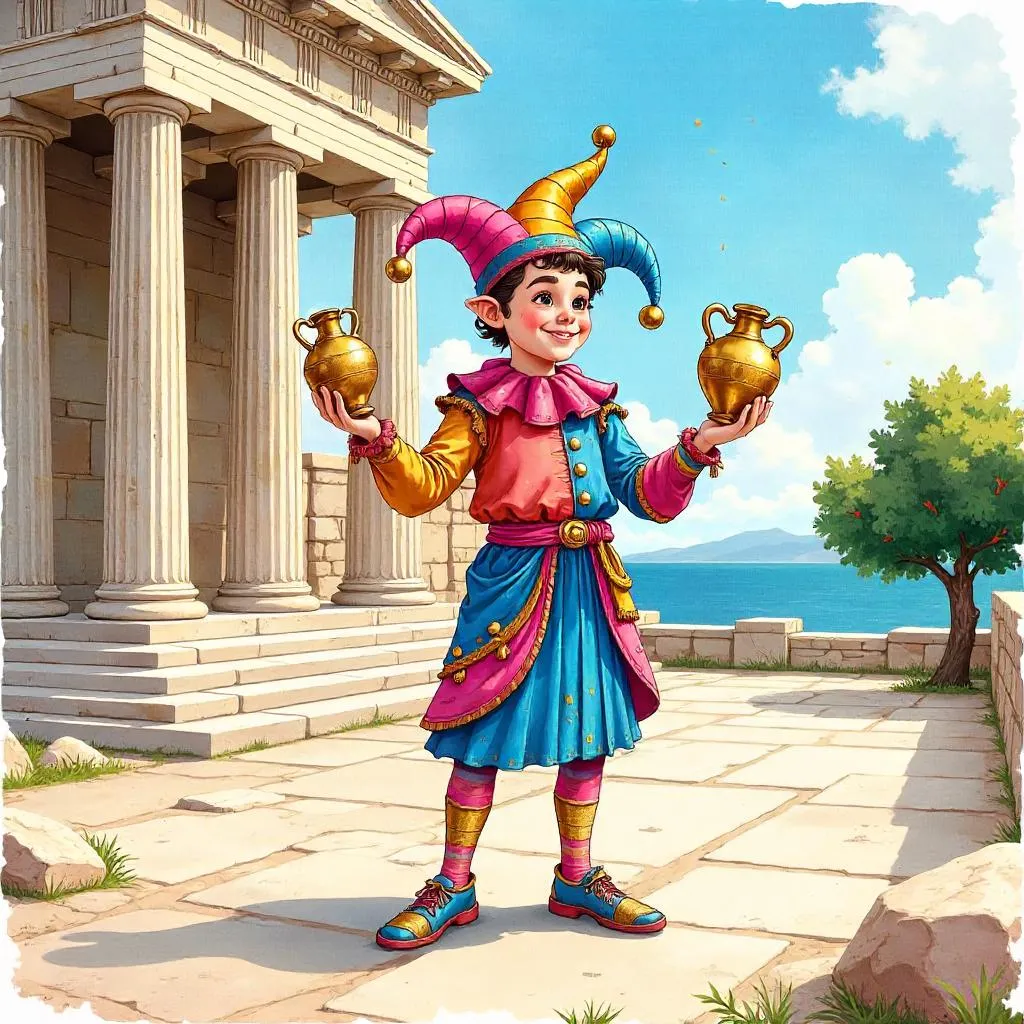 Watercolor Jester in Ancient Greek Agora