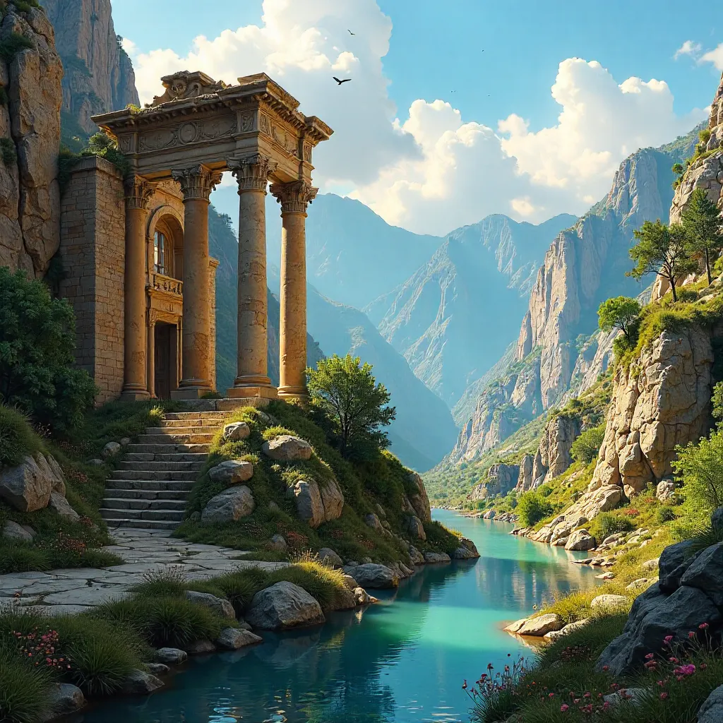 Ancient Ruins by Mountain River Under Bright Sky