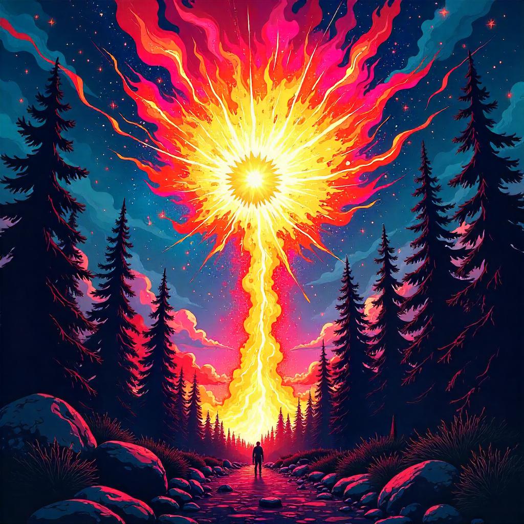 Supernova Burst Above Pine Forest in Comic Style