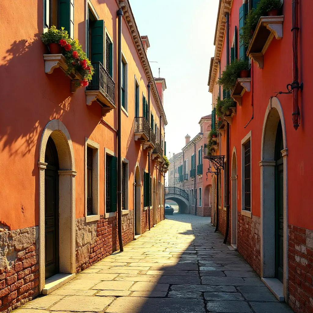 Vibrant Venetian Alleyway: Colorful Facades and Light