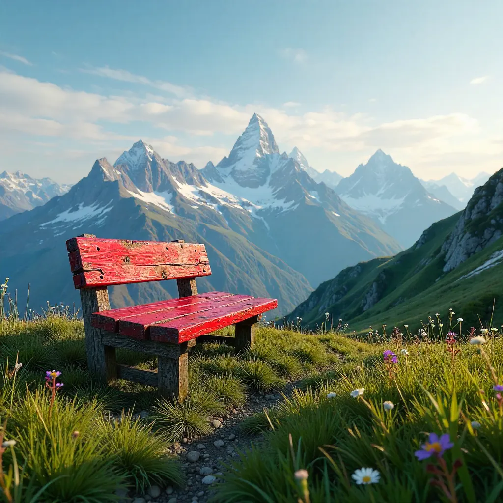 Lonely Red Bench on Tirol Hilltop with Alpine Vista