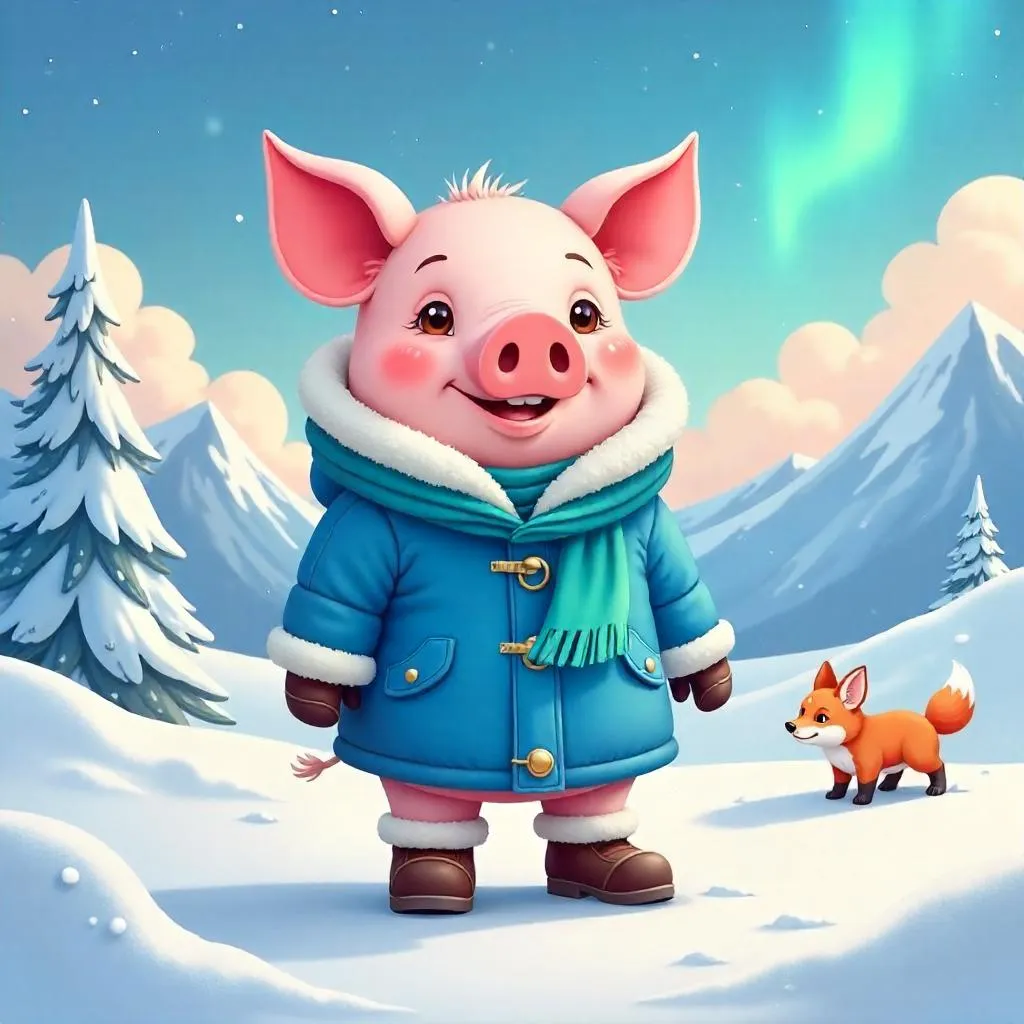 Cartoon Pig in the Tundra: Snowy Adventure