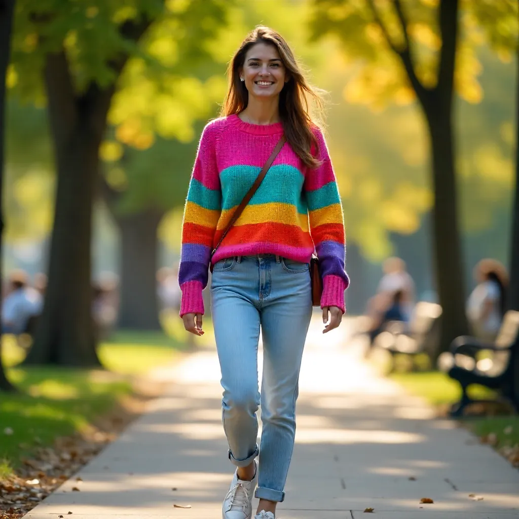 Casual Chic: Young Woman in Colorful Striped Sweater Outdoors