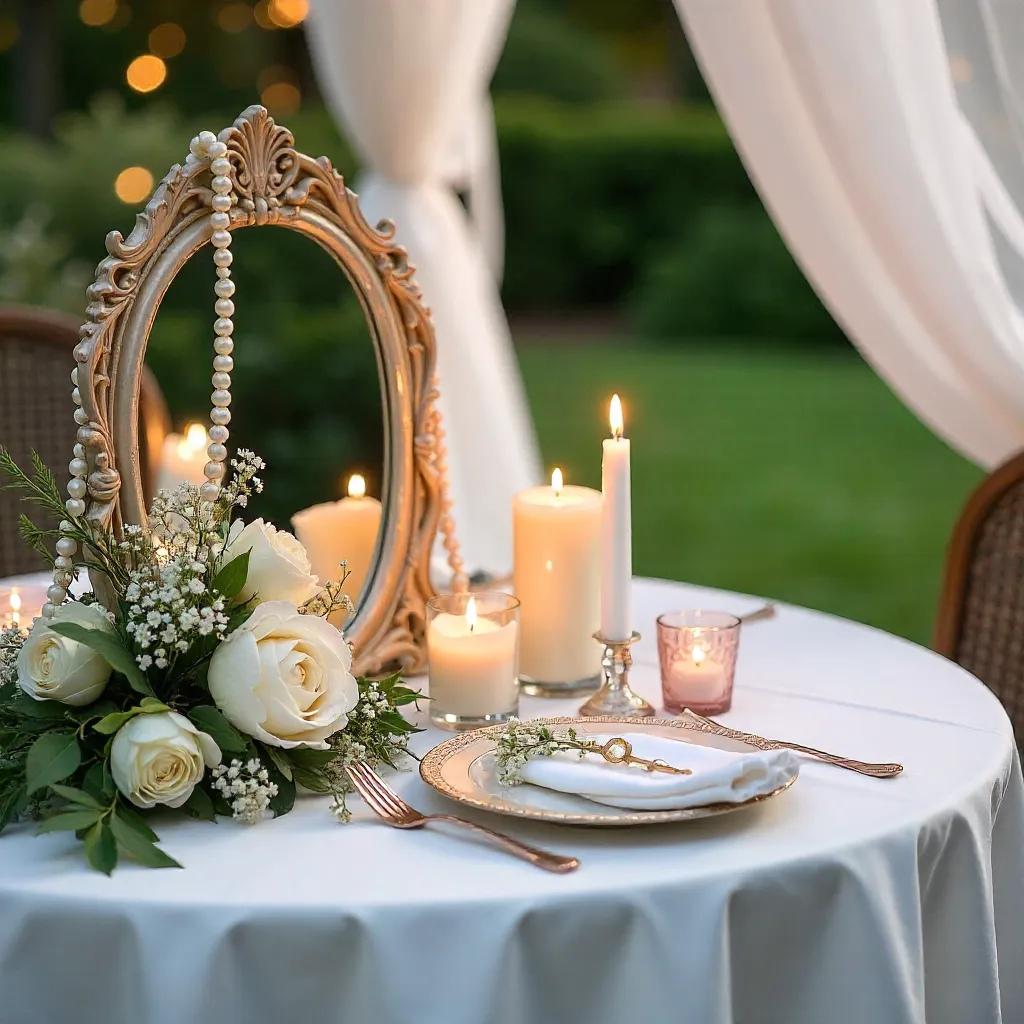 Romantic Outdoor Table Decor: Candles, Mirror & Pearls