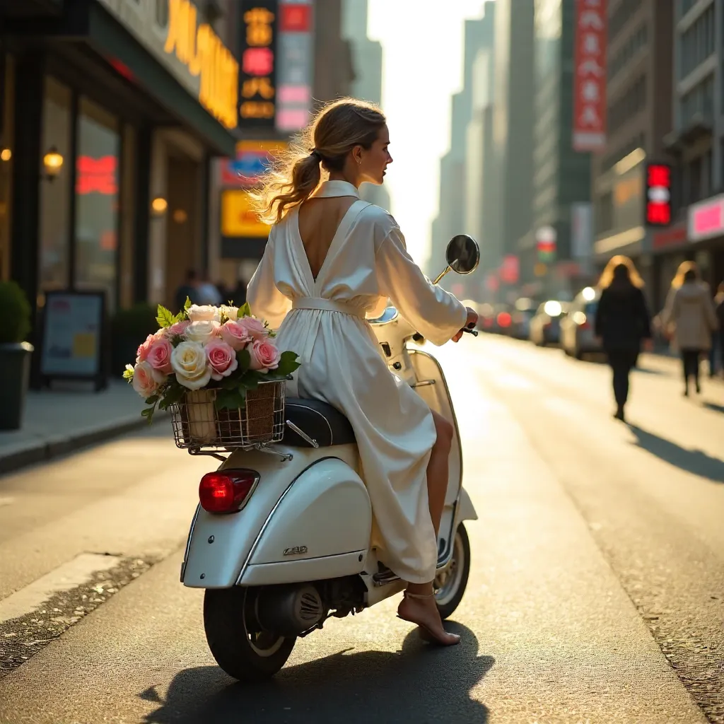 Elegant Urban Scooter Ride in White Robe