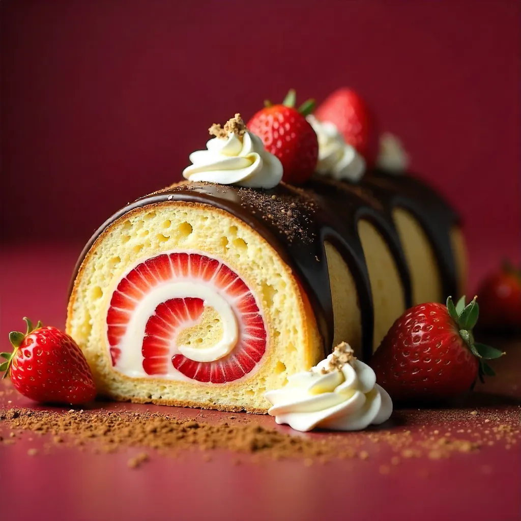 Tempting Strawberry Cream Log on Red Background