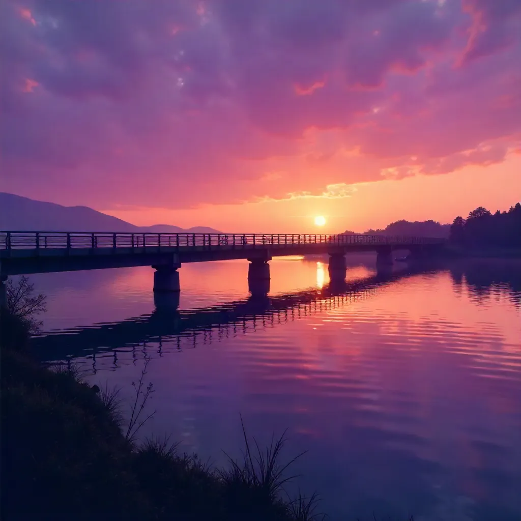 Serene Sunset Bridge Silhouette Over Purple Reflections