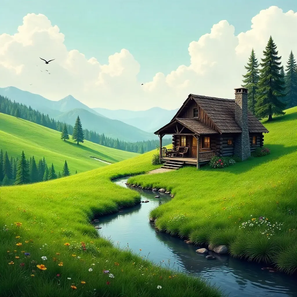 Tranquil Rustic Cabin on Vibrant Green Hills