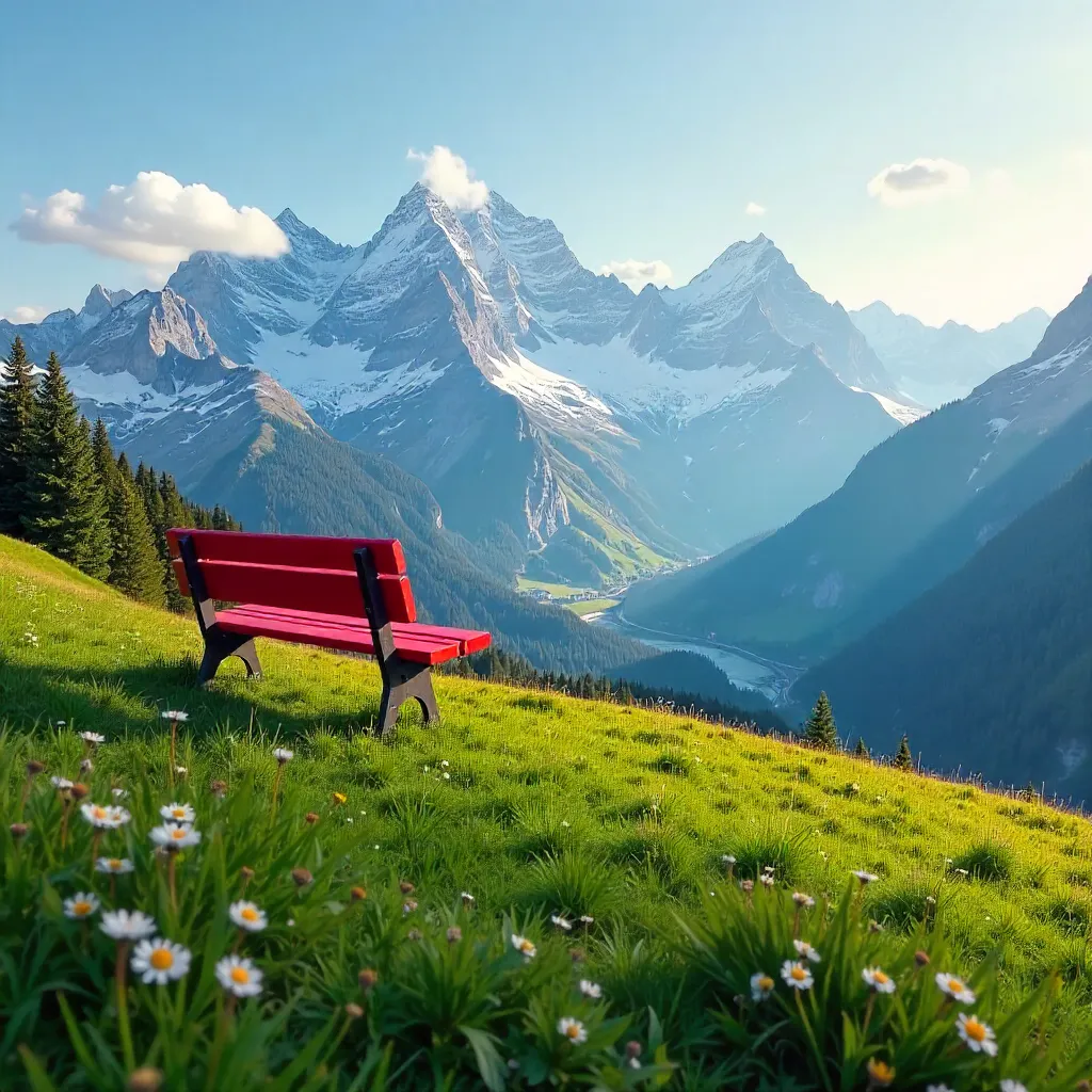 Lonely Red Bench on Tirol Hilltop Over Snowy Alps