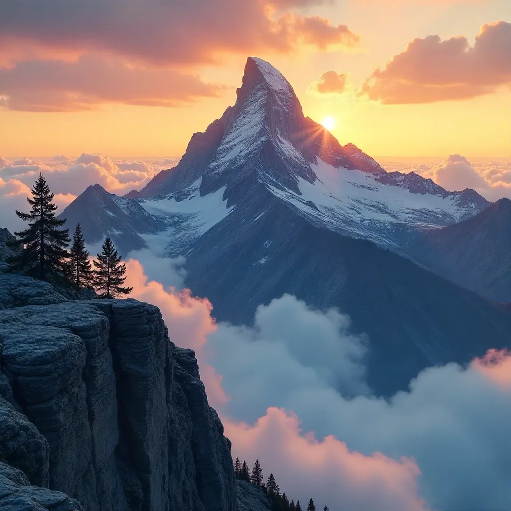 Sunrise over a Cloud-Wrapped Mountain Peak