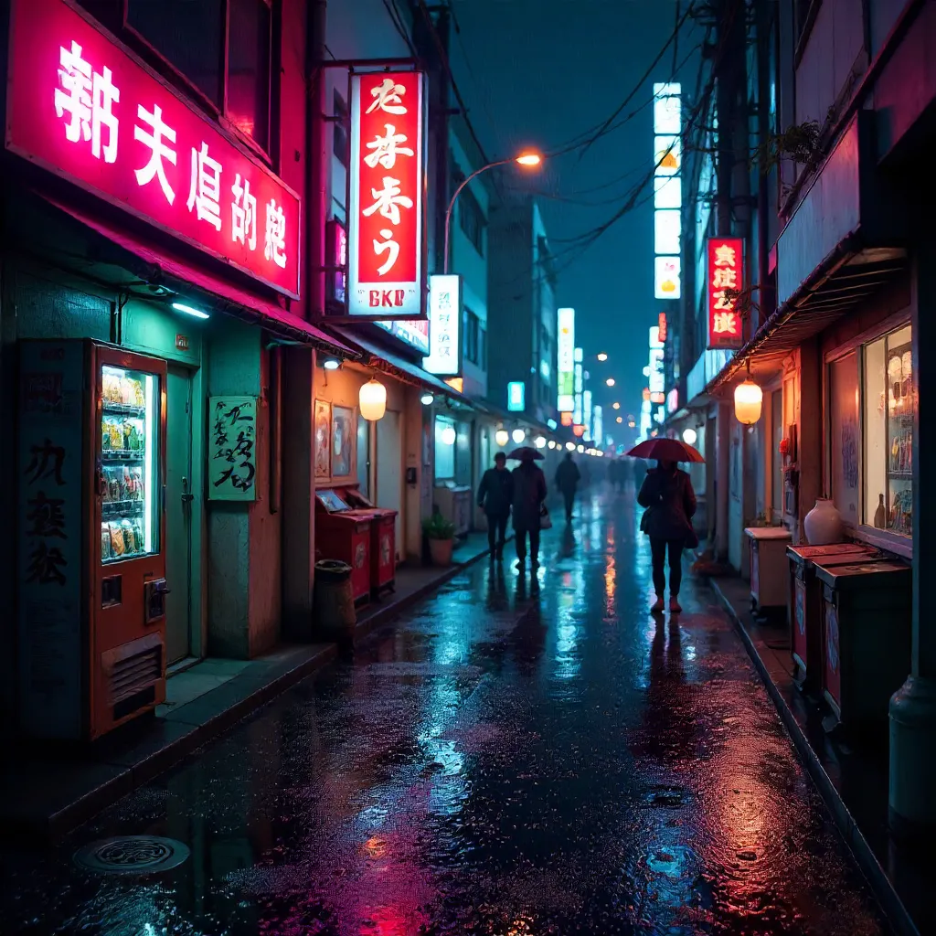 Neon-kissed Rainy Tokyo Night Street