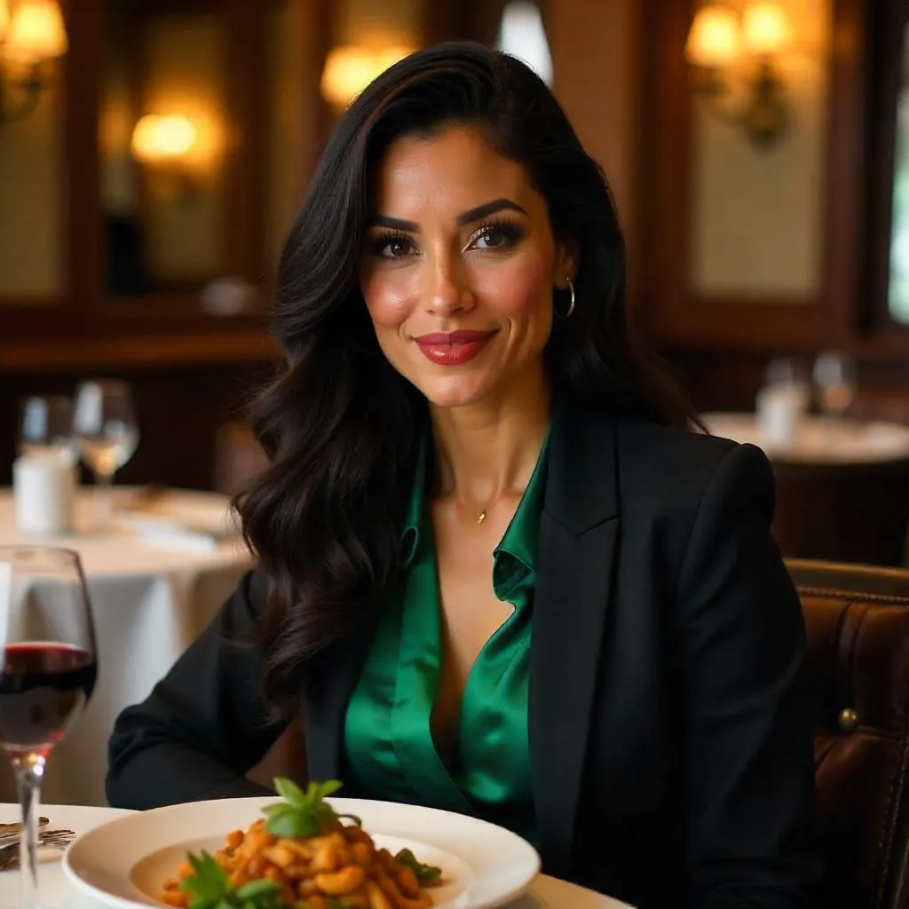 Confident Latina in a Stylish Restaurant