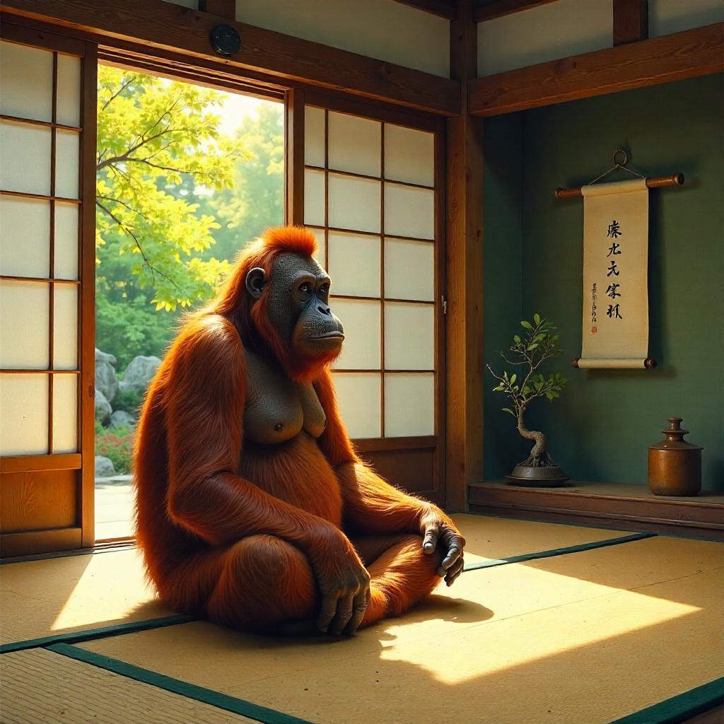 Zen Orangutan in an Oil Painting Temple