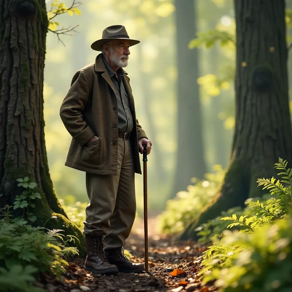 Sunlit Forest Walk: Senior Man with a Walking Stick