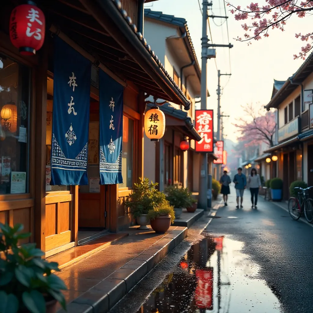 Noren Curtain Storefront in a Vibrant Japanese Street
