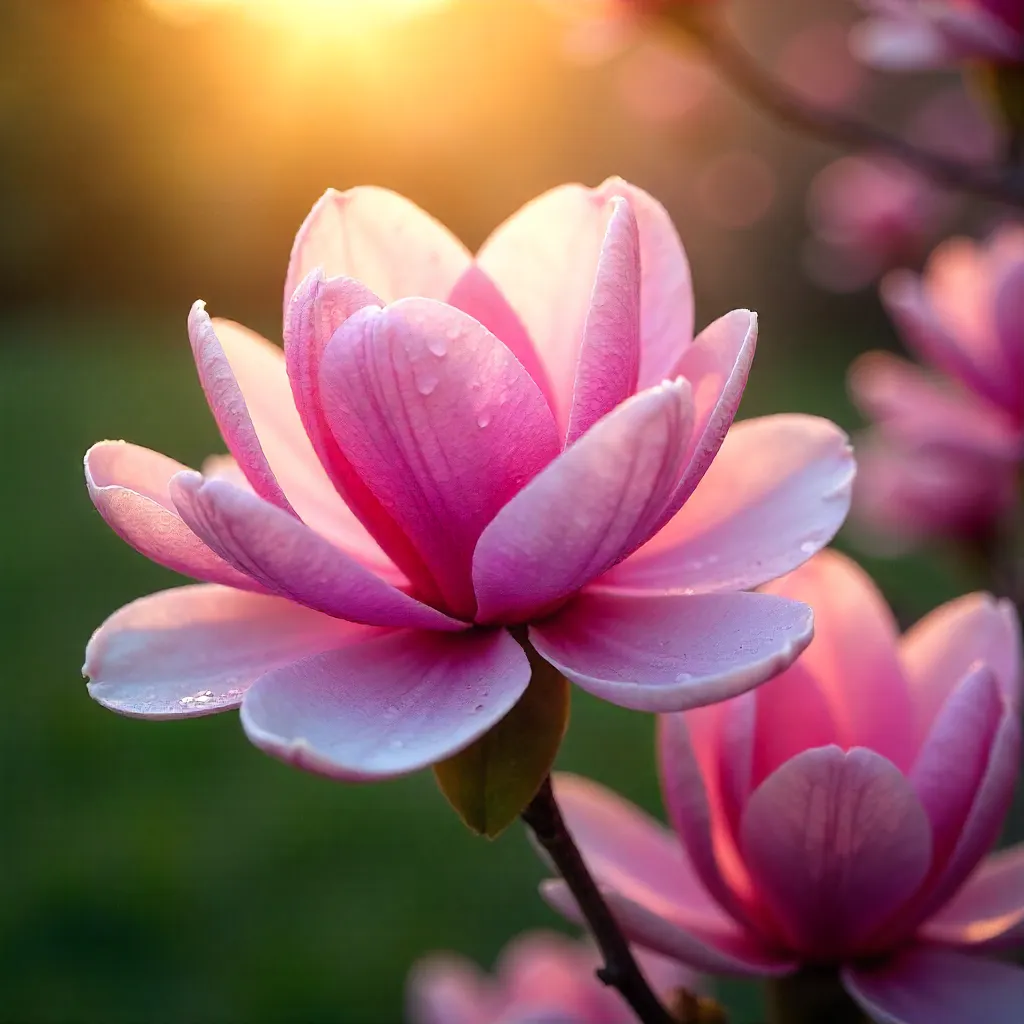 Sunlit Pink Magnolias in Full Bloom