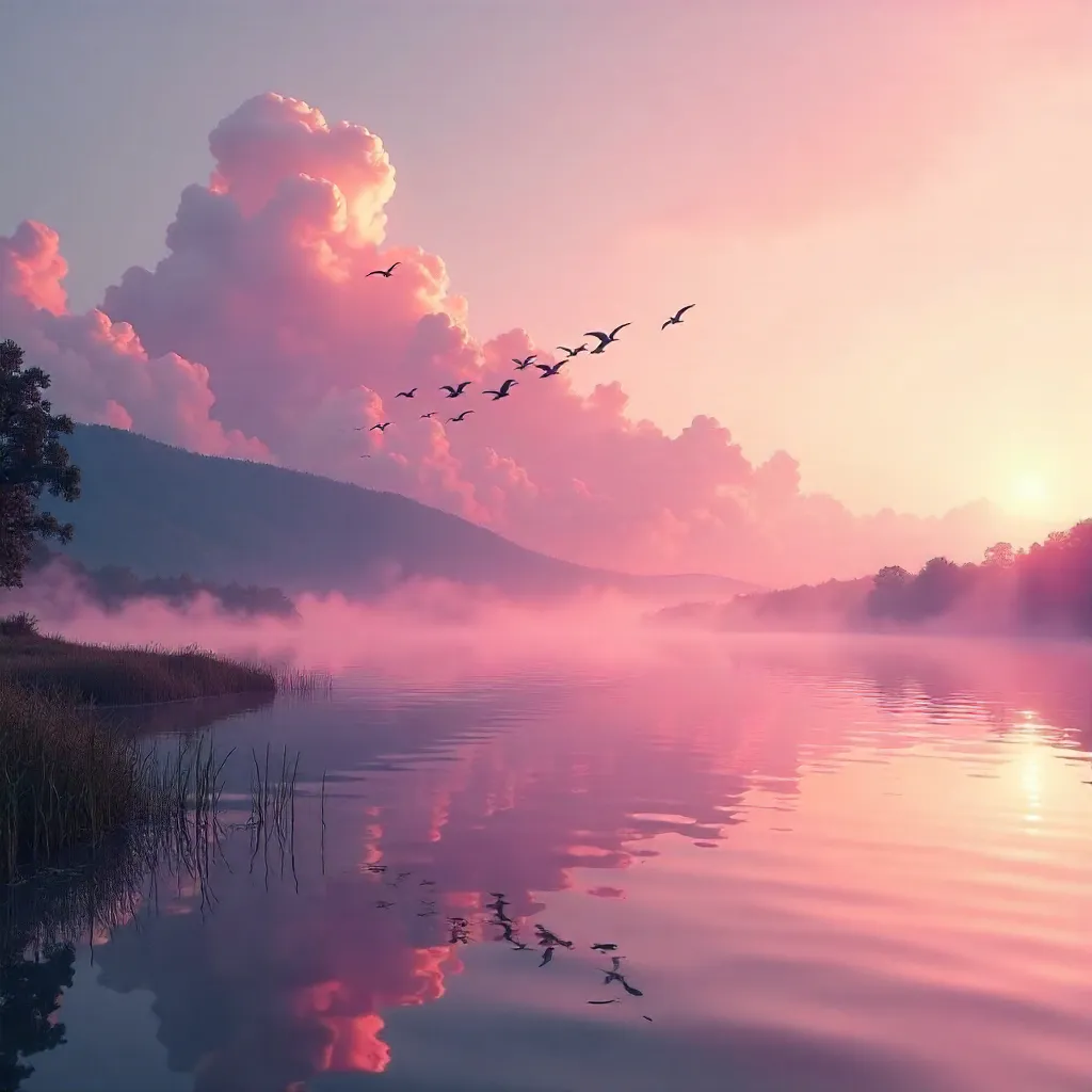 Pink Sky Over a Tranquil Lake with Birds