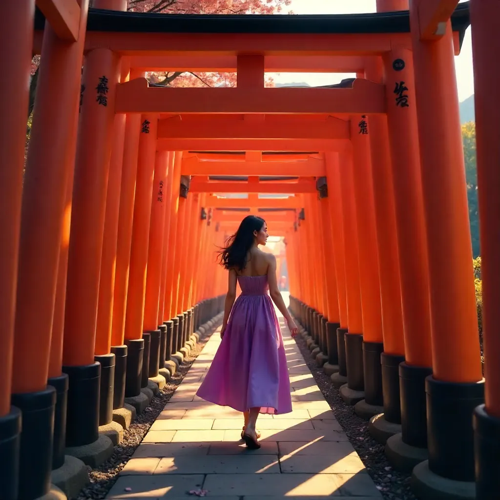 Purple Dress in Kyoto's Red Torii Tunnel