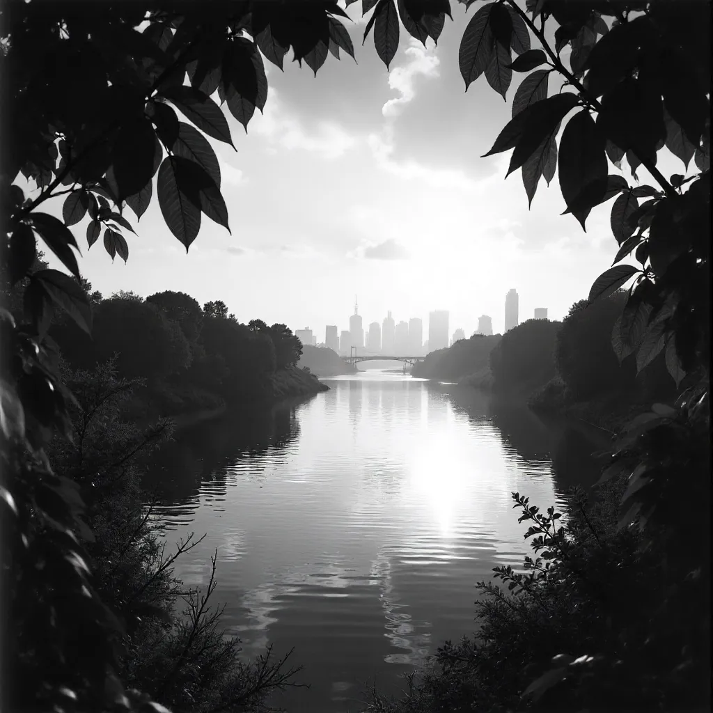 Leaves Framing a River: Urban and Nature in Monochrome