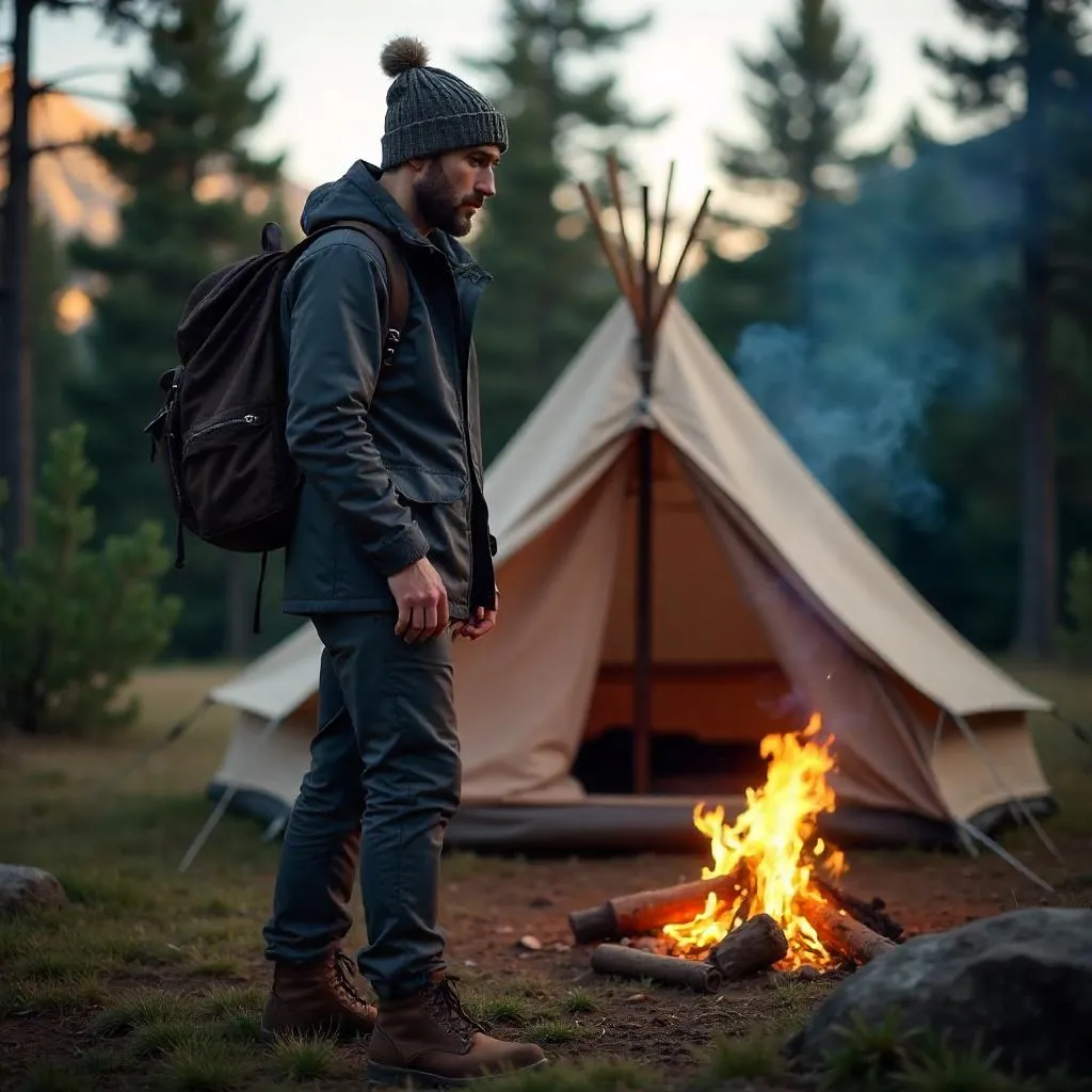 Stylish White Man at a Forest Camping Site