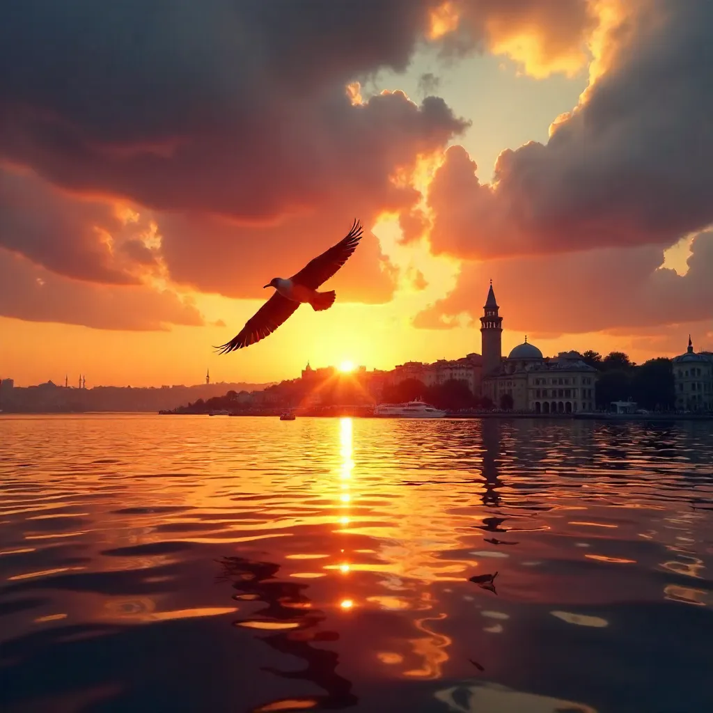 Bird over Golden Horn at Sunset with Galata Tower