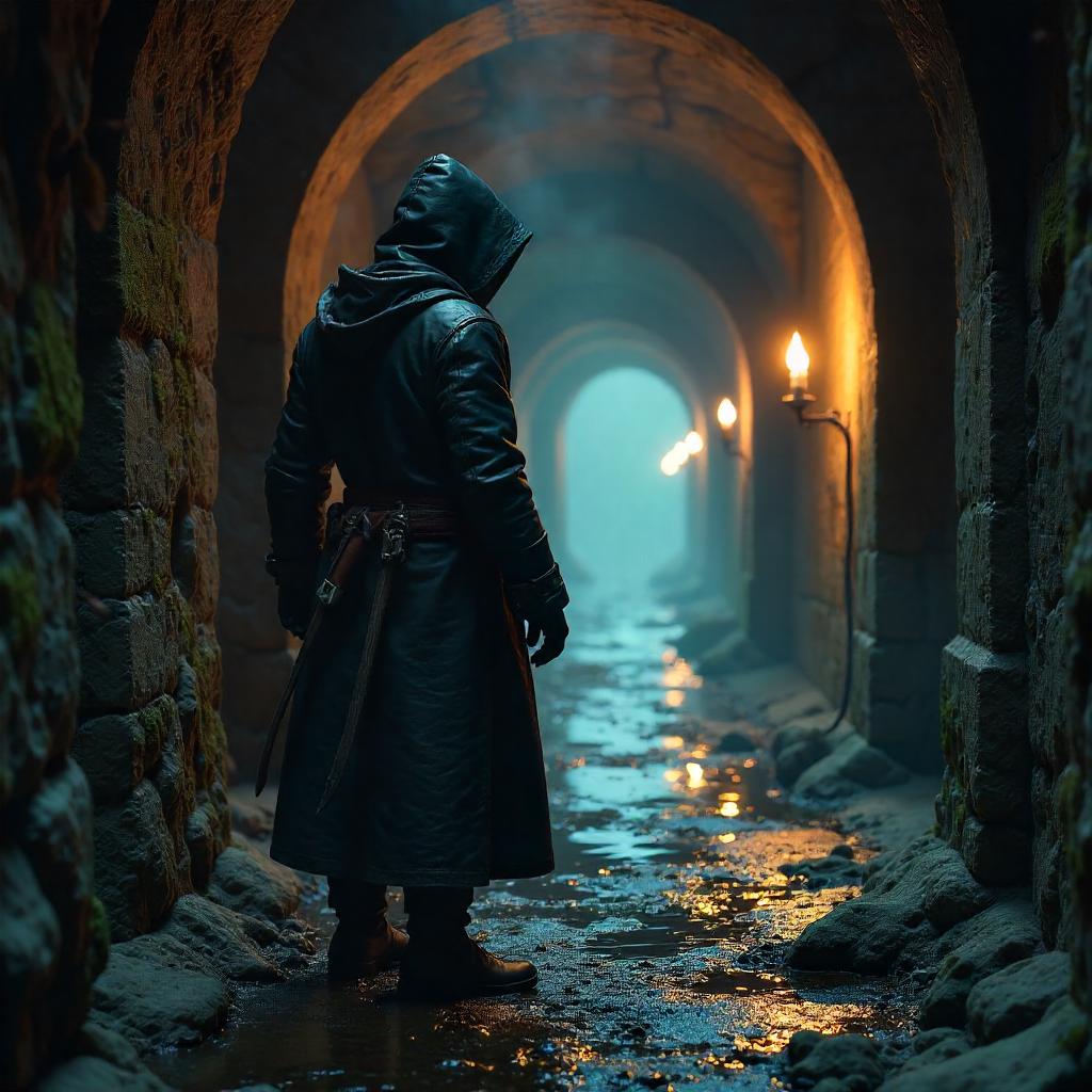 Shadowed Assassin in the Catacombs: Hyper-Real 3D Render