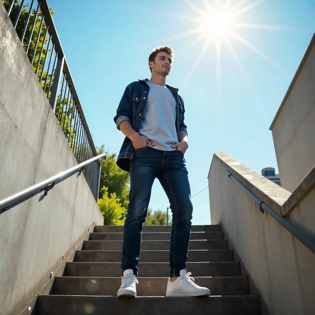 Casual Young Man on a Sunlit Outdoor Staircase