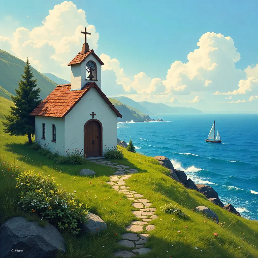 White Chapel Over Ocean on Green Hills